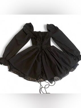 Black Lace-Trim Mini Dress with Puff Sleeves Dark Romantic